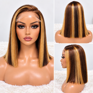 5x5 Lace Closure Bob Wig Human Hair, #4/27 Straight Glueless, 250% Density,