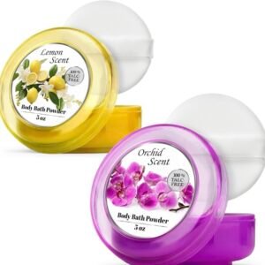 Talc-Free Body Bath Powder with Puff – Lemon & Orchid Scent, 5 oz